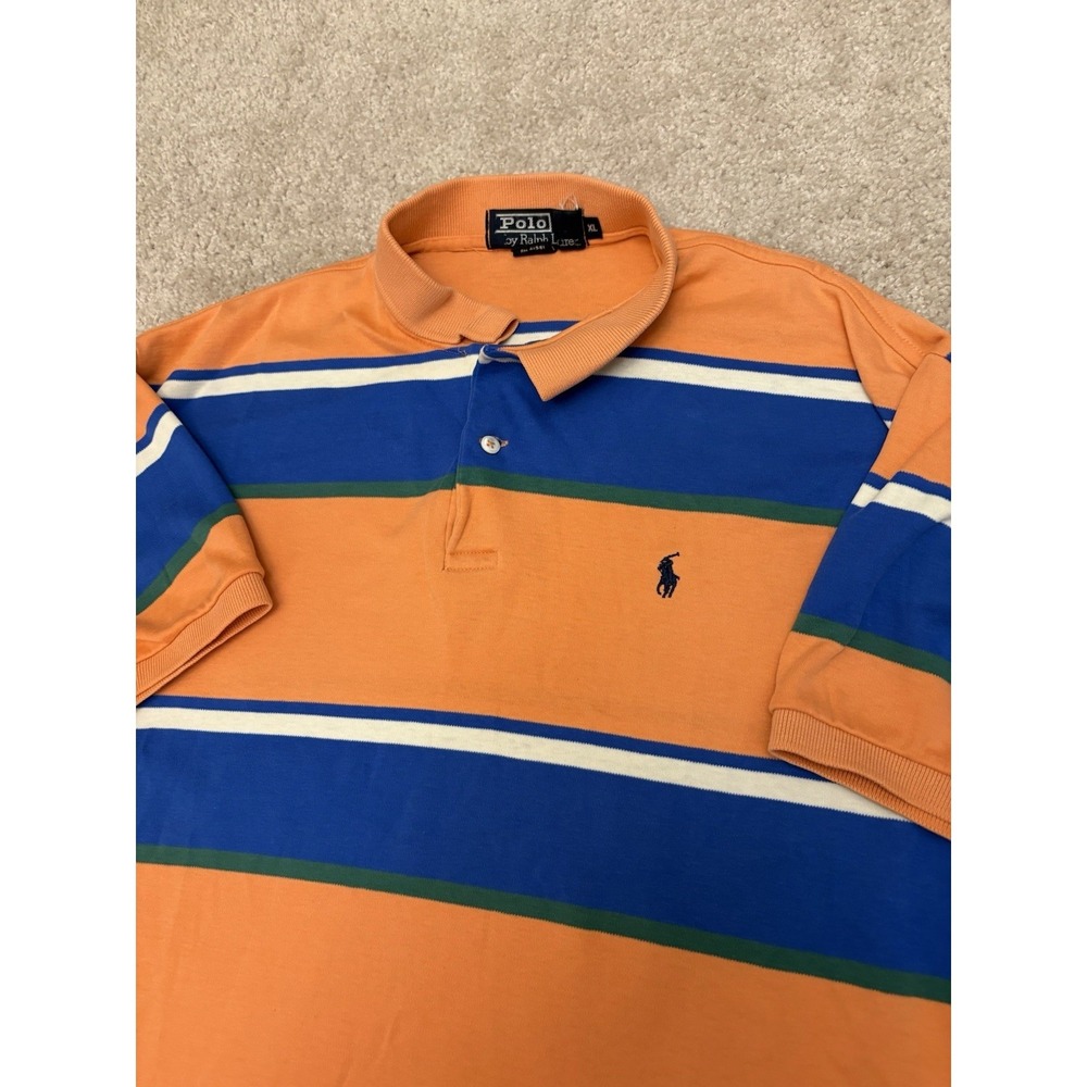 VTG Polo Ralph Lauren Striped Short Sleeve Polo Shirt Orange USA Size XL Pony